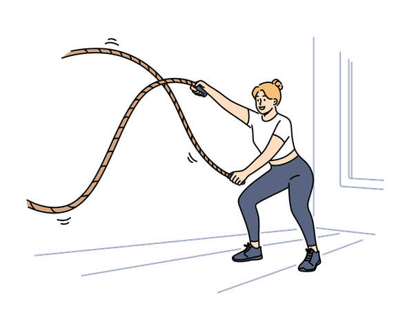 Woman doing fitness using battle rope training at sport center to lose weight  Illustration