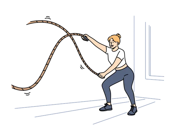 Woman doing fitness using battle rope training at sport center to lose weight  Illustration