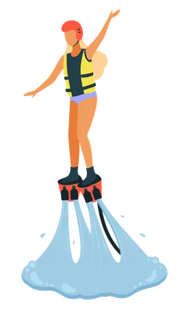 Young Woman With Long Blonde Hair Wearing Life Vest And Helmet Flyboarding New Spectacular Extreme Water Sports Seaside Leisure Beach And Recreation Vector Illustration