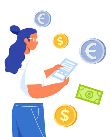 Woman With Money And Documents Savings Management Businesswoman Looks At Report Survey With Financial Data Working With Money And Currency Concept Payment Of Taxes Business Investments Illustration