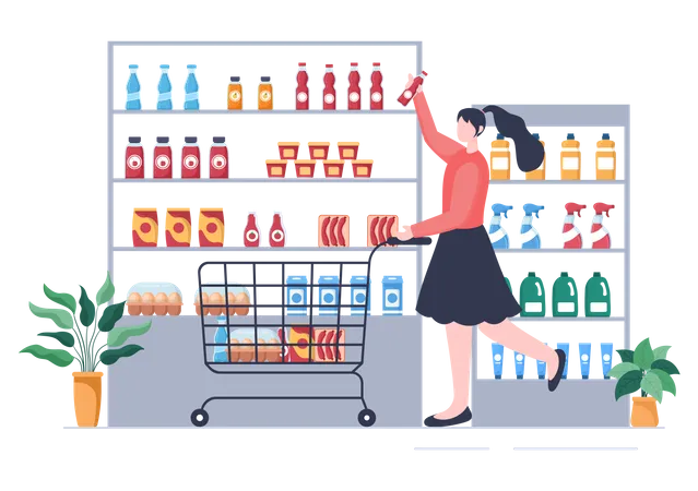 Supermarket With Shelves Grocery Items And Full Shopping Cart Retail Products And Consumers In Flat Cartoon Background Illustration Illustration