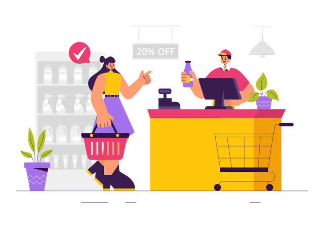 Woman  Doing Grocery Shopping  Illustration