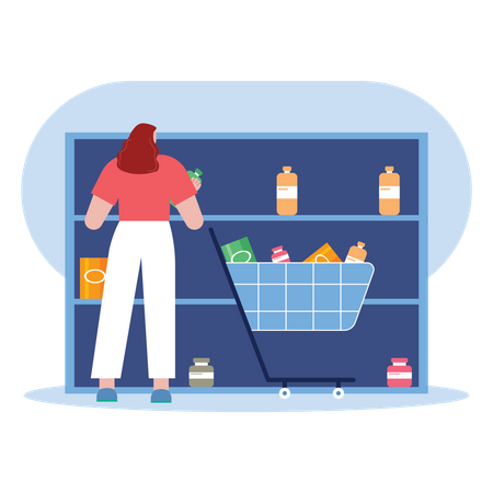 Woman doing grocery shopping in mall Illustration