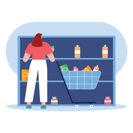 Woman doing grocery shopping in mall  Illustration