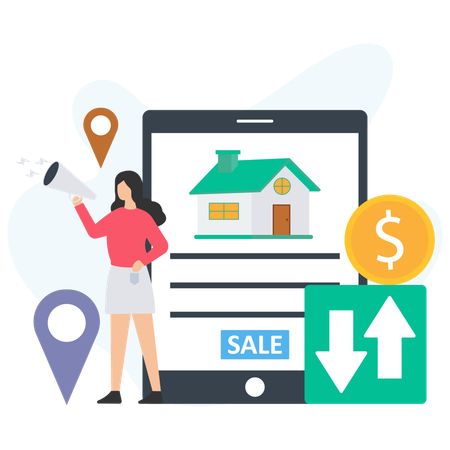 Woman doing house sale promotion  Illustration