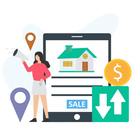 Woman doing house sale promotion  Illustration