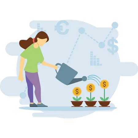 The Girl Watering The Dollar Plant Illustration
