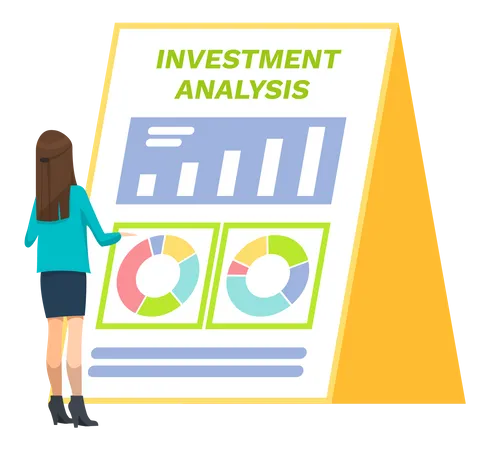 Woman Looking At Statistics Diagram Businesswoman Analysing Report With Statistical Indicators Girl Examines Results Of Analysis Personal Investment Finance Funding Capital Accumulation Concept Illustration