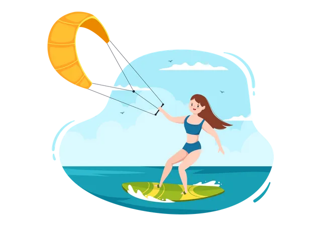 Summer Kitesurfing Of Water Sport Activities Cartoon Illustration With Riding A Big Kite On A Board In Flat Style Illustration