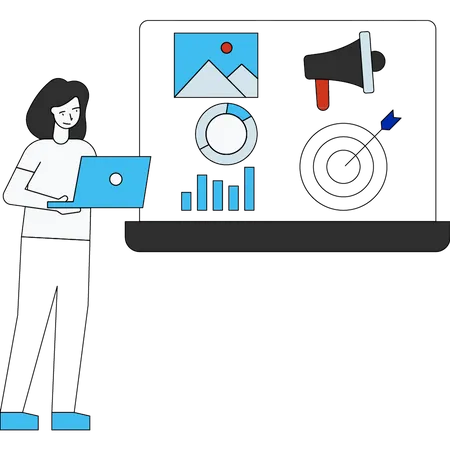 The Girl Is Marketing On A Laptop Illustration