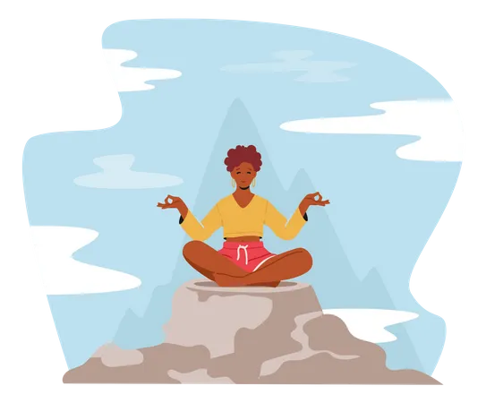 Woman Doing Meditation On Mountain Peak Illustration