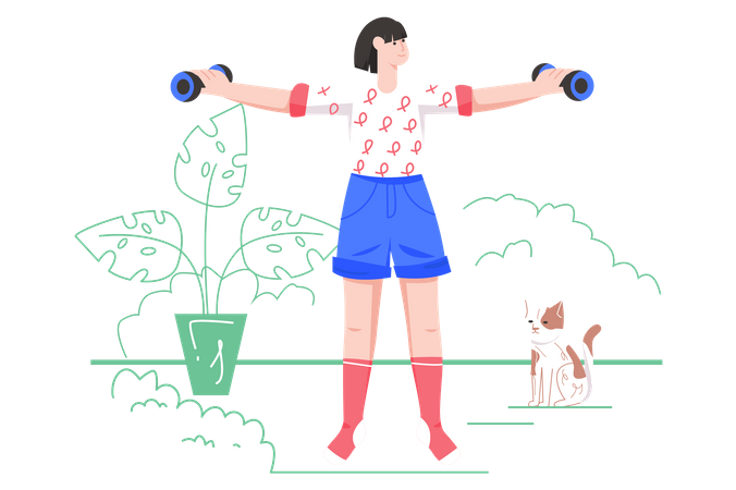 Woman doing morning exercises with dumbbells at home Illustration