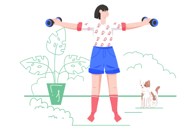 Sport Training At Home Modern Flat Concept Woman Does Morning Exercises With Dumbbells Young Girl Doing Strength Training Outdoors Vector Illustration With People Scene For Web Banner Design Illustration