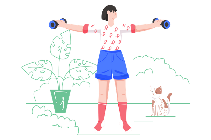 Woman doing morning exercises with dumbbells at home  Illustration