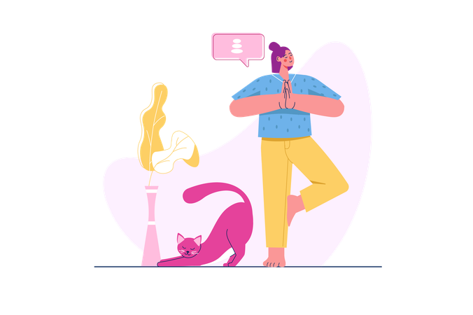 Woman Doing Morning Yoga with cat at home  Illustration