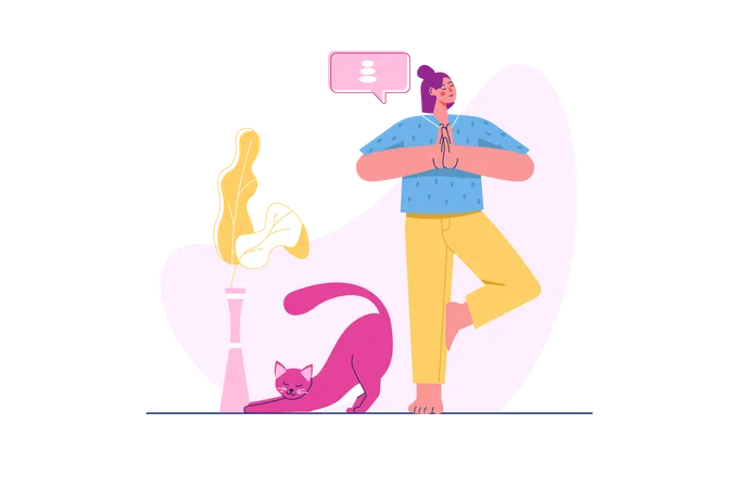 Woman Doing Morning Yoga with cat at home  Illustration