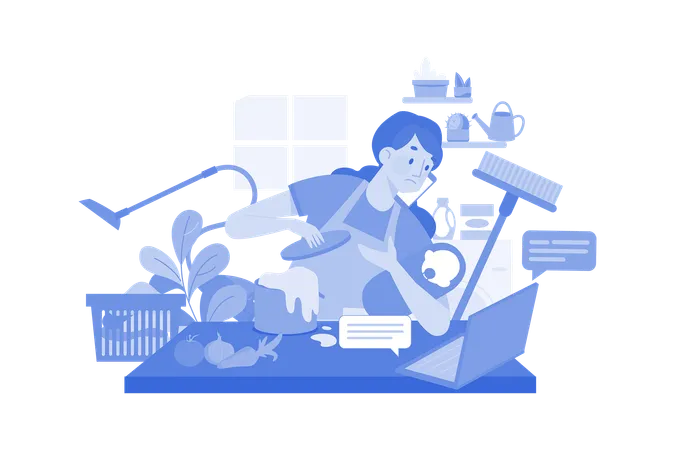 Woman Doing Multitasking While Working From Home  Illustration