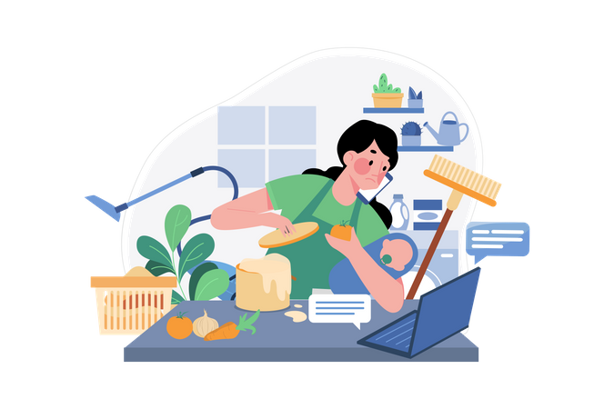 Woman Doing Multitasking While Working From Home Illustration