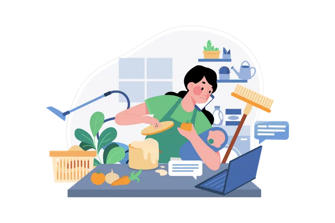 Woman Doing Multitasking While Working From Home Illustration