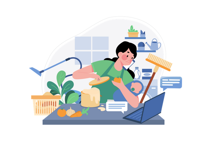 Woman Doing Multitasking While Working From Home  Illustration