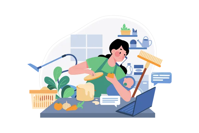 Woman Doing Multitasking While Working From Home  Illustration