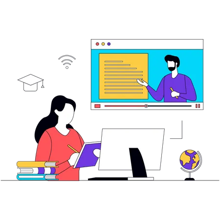 Woman doing online certificate course Illustration