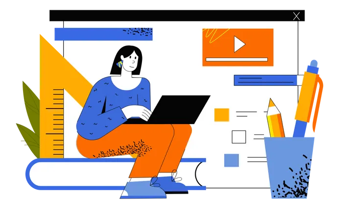 Distant Learning Web Concept Student Watches Video Lectures Studies Remotely Using Laptop Woman Learning Courses And Trainings At Home Vector Illustration For Web Page Template In Flat Line Design Illustration