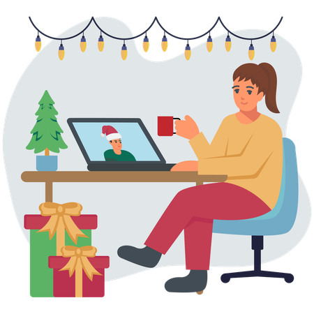 Woman doing online christmas celebration  Illustration