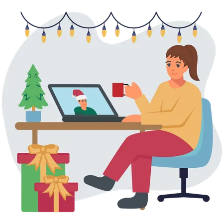 Woman doing online christmas celebration  Illustration