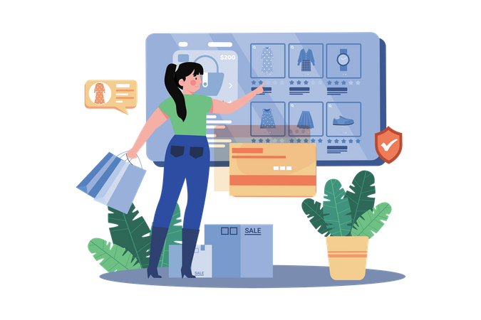 Woman doing online clothes shopping Illustration