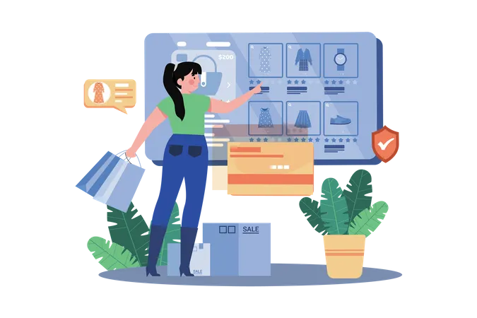 Woman doing online clothes shopping Illustration