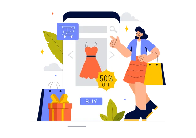 Woman doing online clothes shopping  Illustration