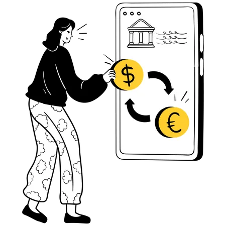 Woman doing online currency exchange  Illustration