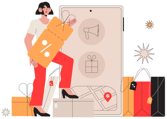 Woman doing online discount shopping Illustration