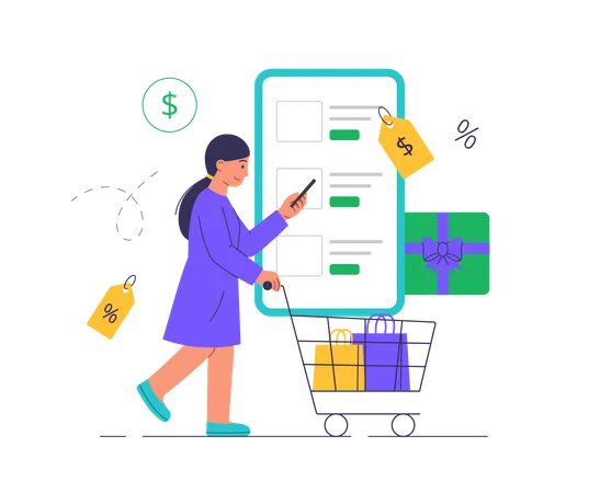 Woman doing online discount shopping  Illustration
