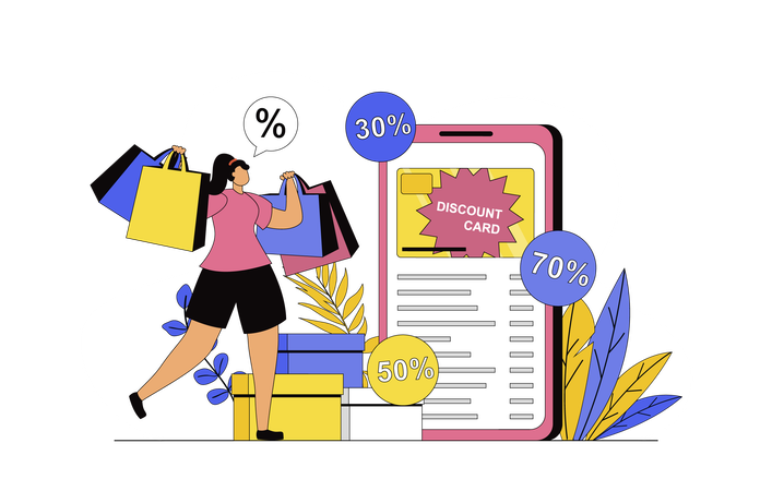 Woman doing online discount shopping  Illustration