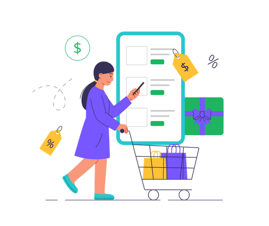 Woman doing online discount shopping  Illustration