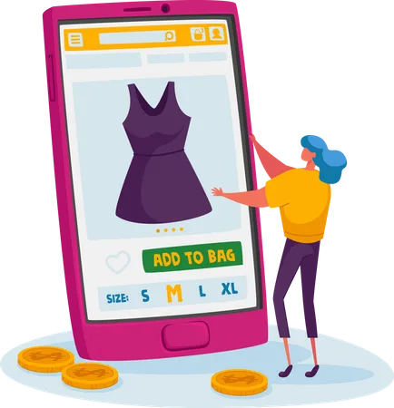 Tint Female Customer Character Choose Dress On Huge Smartphone Online Shopping Concept Girl Buying Apparel At Gadget Screen Using App Digital Purchase Internet Store Cartoon Vector Illustration イラスト