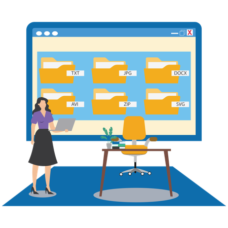 Woman doing online file management  Illustration