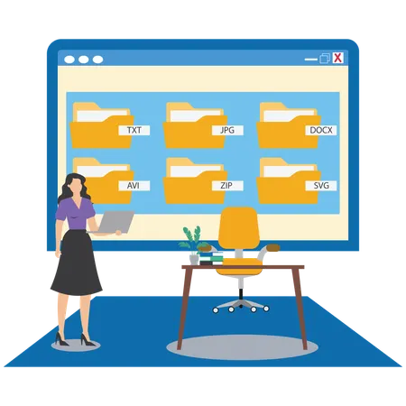 Woman doing online file management  Illustration
