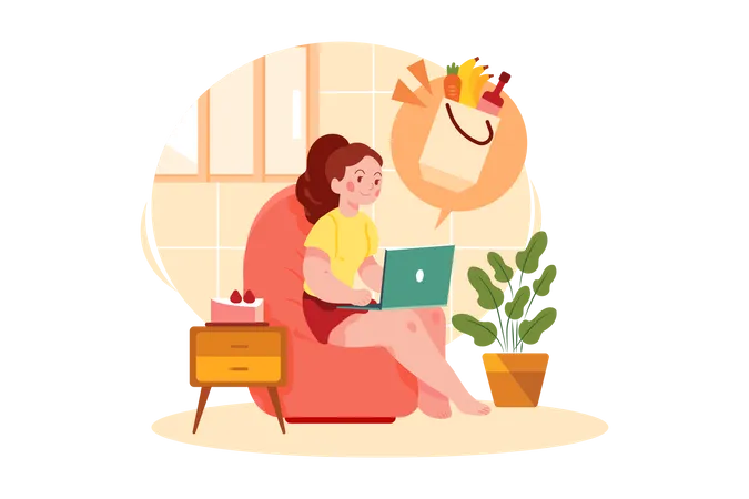 Woman Doing Online Grocery Shopping  イラスト