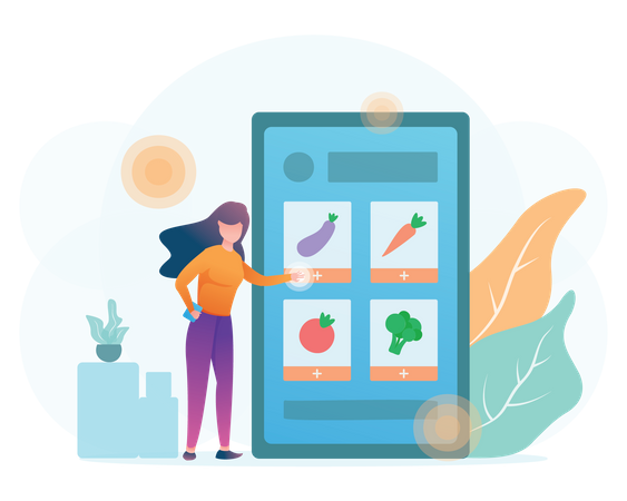 Woman doing online Grocery Shopping Illustration