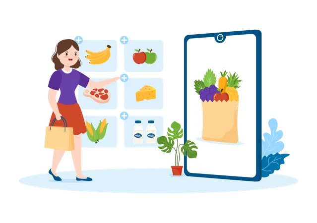 Woman doing online Grocery shopping Illustration