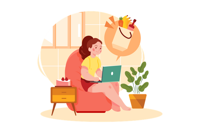 Woman Doing Online Grocery Shopping  Illustration