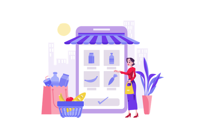 Woman doing online grocery shopping  Illustration