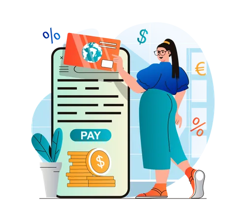 Woman doing online international transaction with card  Illustration