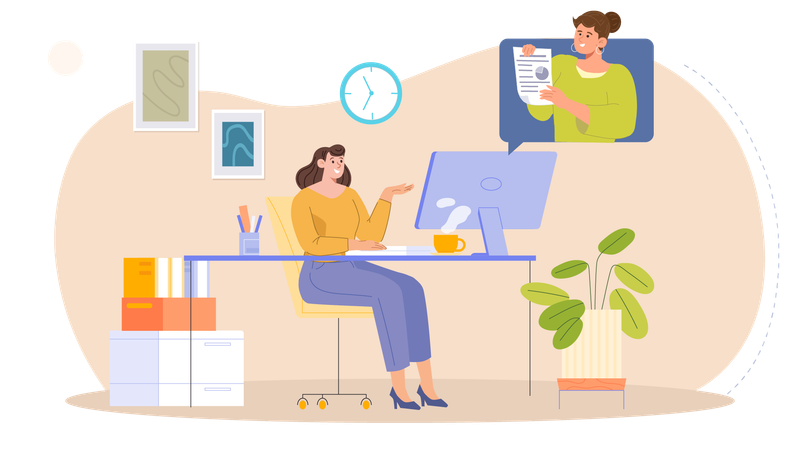 Woman doing online meeting with client at office workplace  Illustration