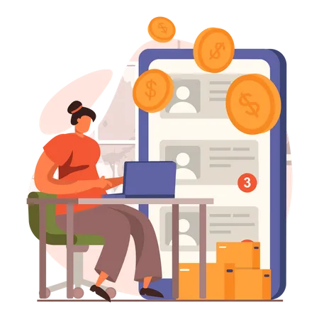 Woman doing online money transfer Illustration