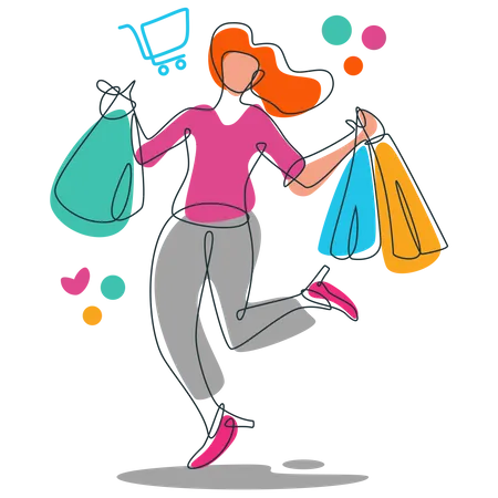 Illustration Of A Happy Woman With Several Shopping Bags In Her Hands Illustration