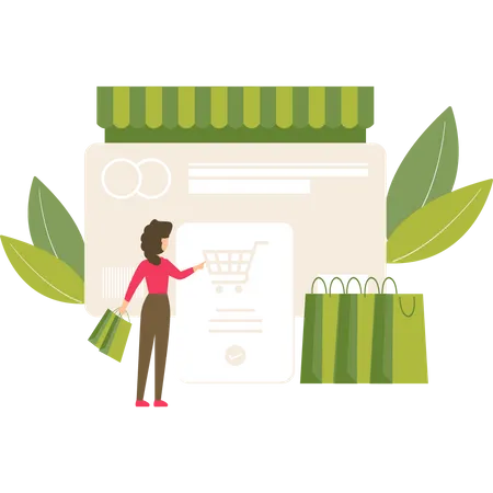 A Girl Doing Online Shopping With Holding Carry Bags Illustration